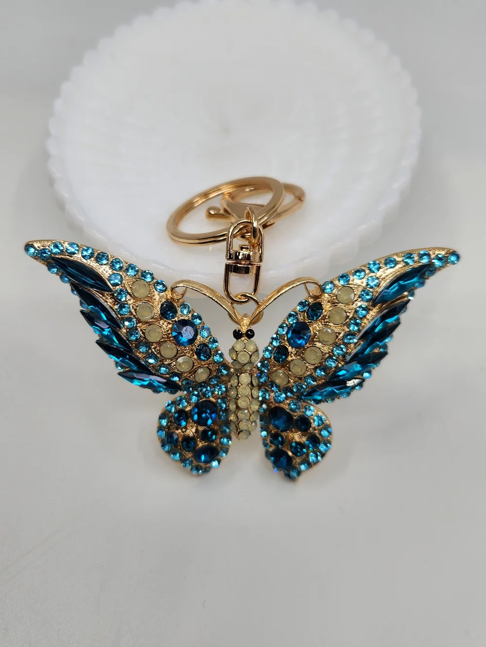Gold-Tone Blue Crystal Butterfly Keychain Charm
